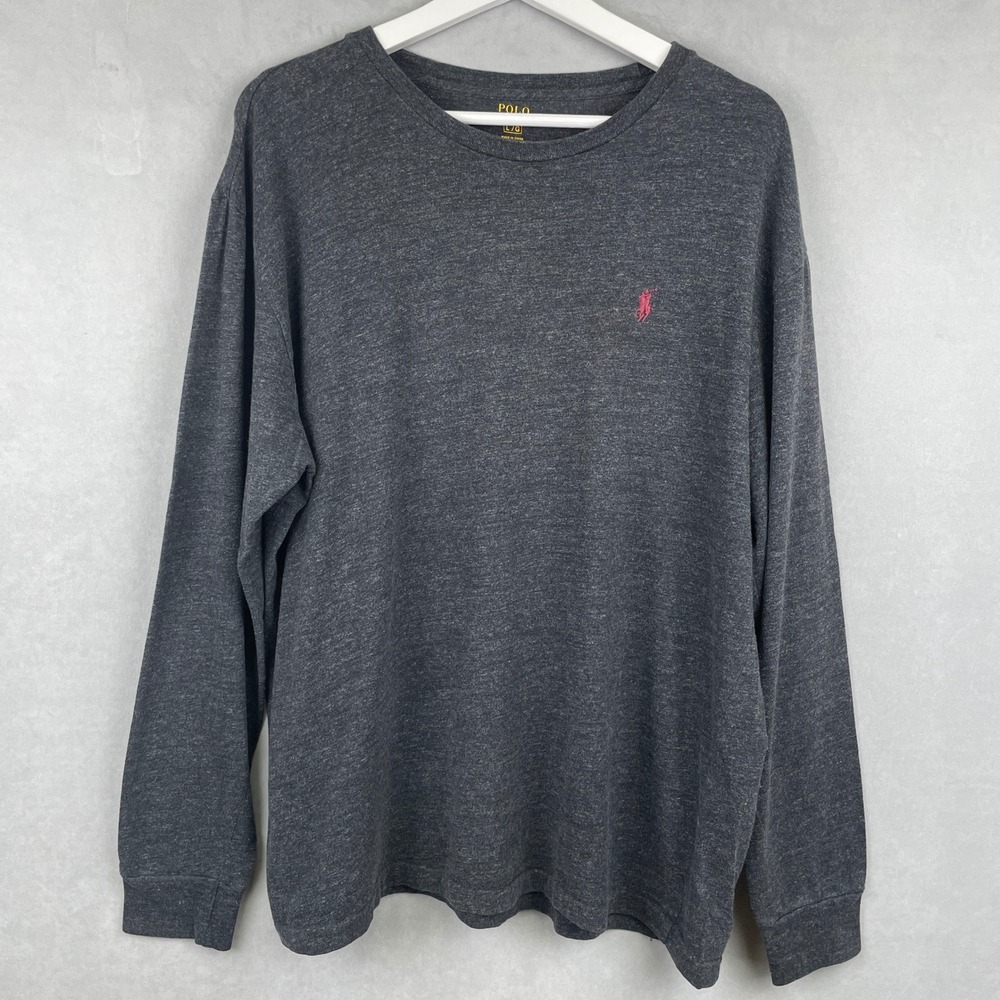 Polo Ralph Lauren Mens Long Sleeve T-Shirt Charcoal Gray Pink Pony Logo Iconic L